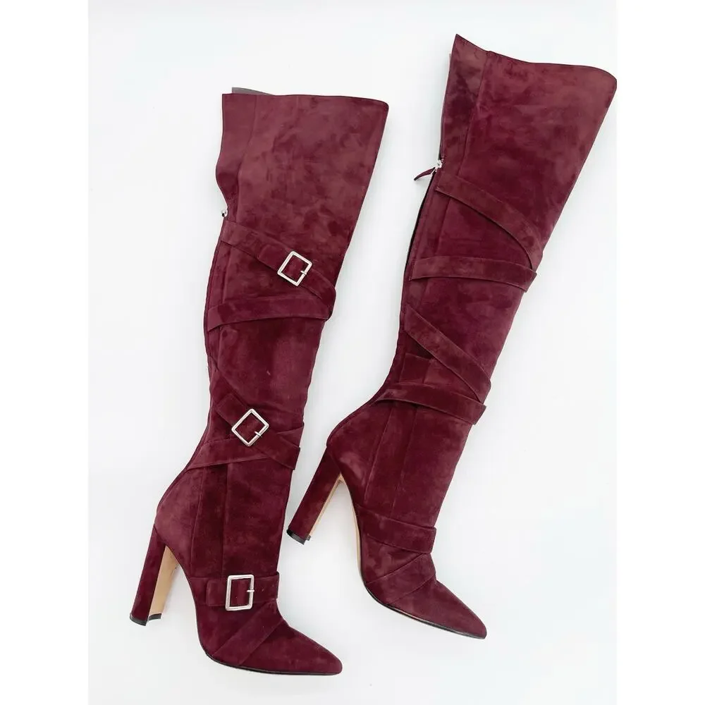 Manolo Blahnik Josimhi Burgundy Suede Buckle Strap Pointed Toe OTK Boots IT 37.5